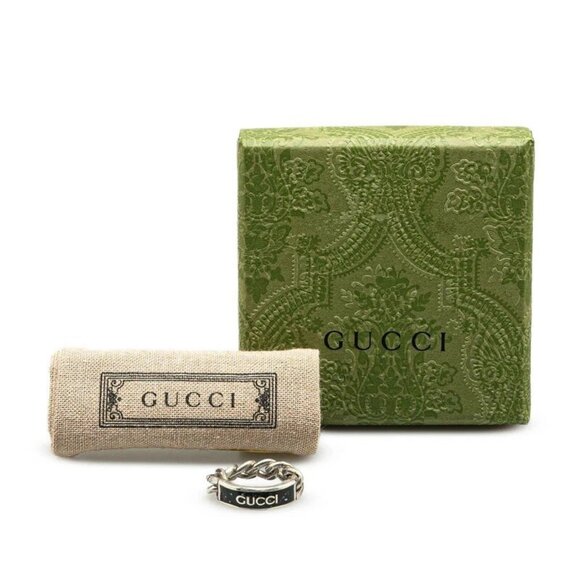 GUCCI Logo Black Plate Chain Ring size US10 Silver 925 Auth w/Box #09505 - Picture 1 of 7